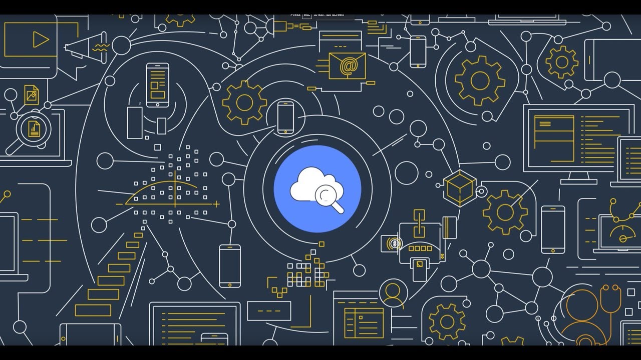 Abstract illustration featuring a central cloud icon surrounded by interconnected gears, digital devices, and data symbols, representing cloud management and governance concepts.