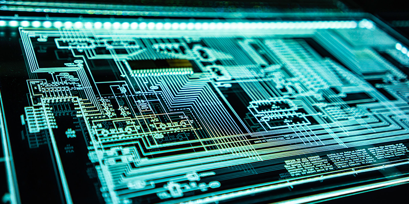 A high-tech visualization of a digital circuit board, representing industrial quality management and advanced manufacturing processes.