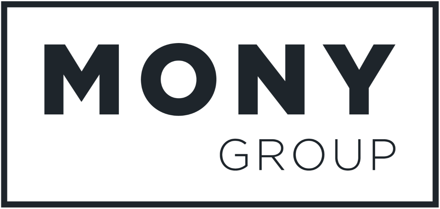 Logo with the text "MONY GROUP" in bold black letters on a white background, framed by a black border.
