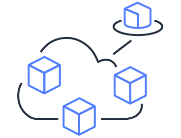 Illustration of four cubes connected via a cloud, representing the concept of cloud-based media services or distributed computing resources.