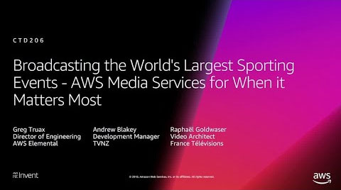 Title slide from a presentation entitled 'Broadcasting the World's Largest Sporting Events – AWS Media Services for When it Matters Most', featuring speakers from AWS Elemental, TVNZ, and France Télévisions.