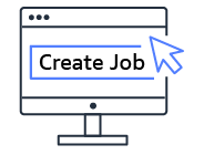An illustration showing a computer screen with a 'Create Job' button and cursor, representing the creation of a job in AWS Elemental MediaConvert.