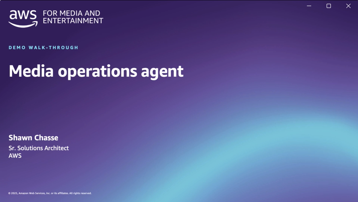 A presentation slide featuring the demo walk-through 'Media operations agent' for AWS Media and Entertainment, shown on a purple gradient background. The slide displays Shawn Chasse, Sr. Solutions Architect at AWS, as the presenter.