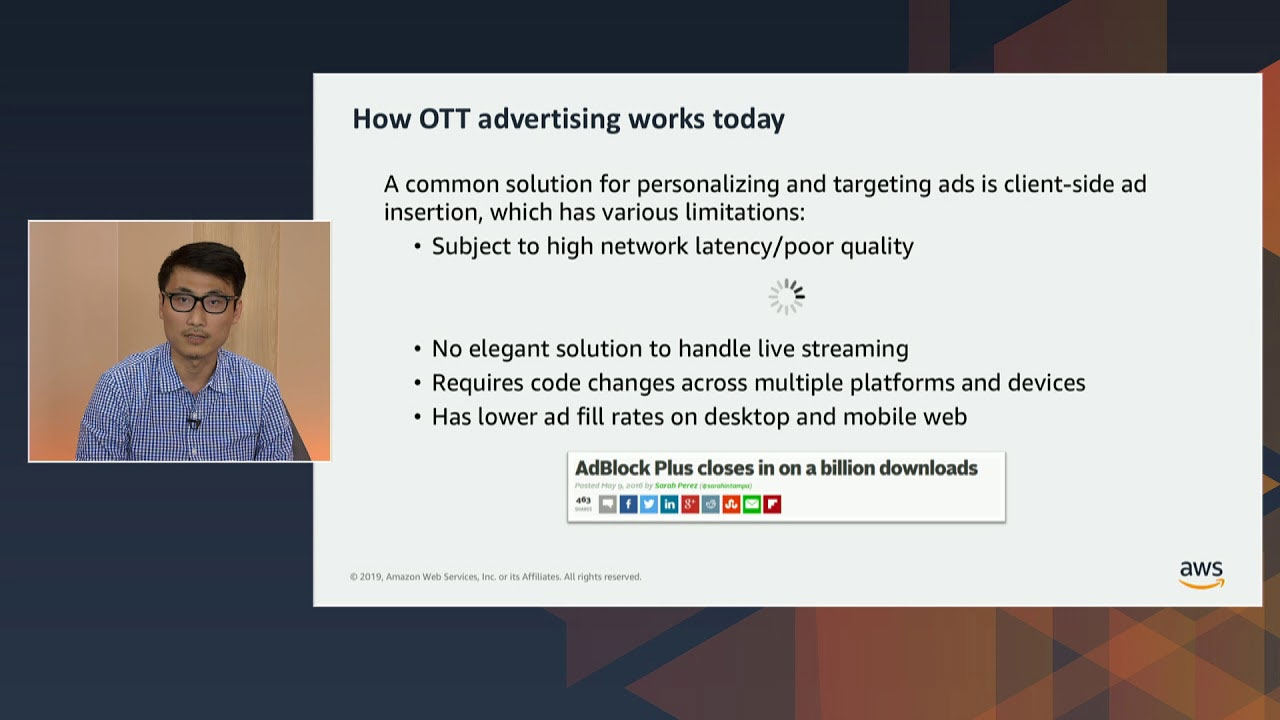 A presentation slide explaining the limitations of client-side ad insertion for OTT advertising, including network latency, lack of live streaming solutions, code complexity, and low ad fill rates. The slide also references AdBlock Plus and includes a speaker on the left side.