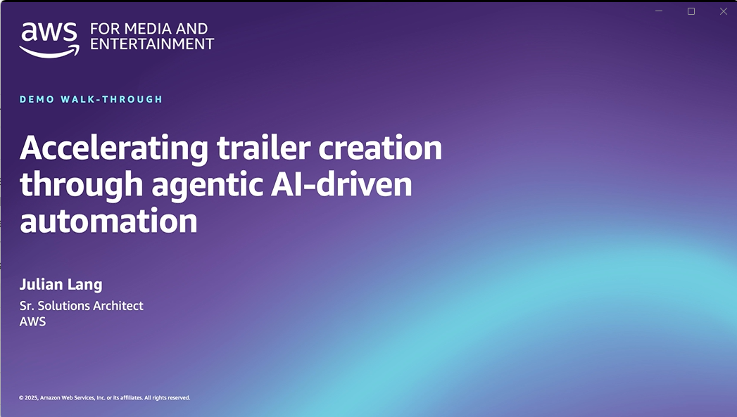 Demo walk-through slide for accelerating trailer creation using agentic AI-driven automation, presented by Julian Lang, Sr. Solutions Architect at AWS. The slide features AWS Media and Entertainment branding on a purple gradient background.