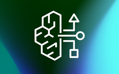 White geometric brain-shaped design with connected lines and shapes on a green and blue gradient background.