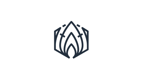 A minimalist dark blue geometric logo resembling a stylized lotus or flame.