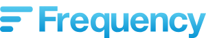 Logo of Frequency with blue text and icon on a transparent background