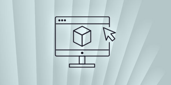 A line illustration of a computer monitor displaying a 3D cube icon with a cursor arrow, set against a light background with abstract lines. Represents digital account or service management on AWS.