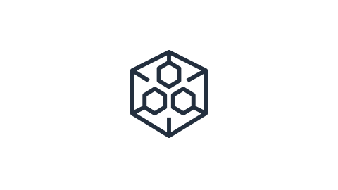 Geometric hexagonal logo with interconnected hexagons inside a cube outline.