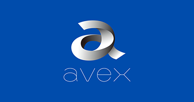 The Avex company logo featuring a metallic silver 'a' above the word 'avex' in thin, modern font, set on a solid blue background.