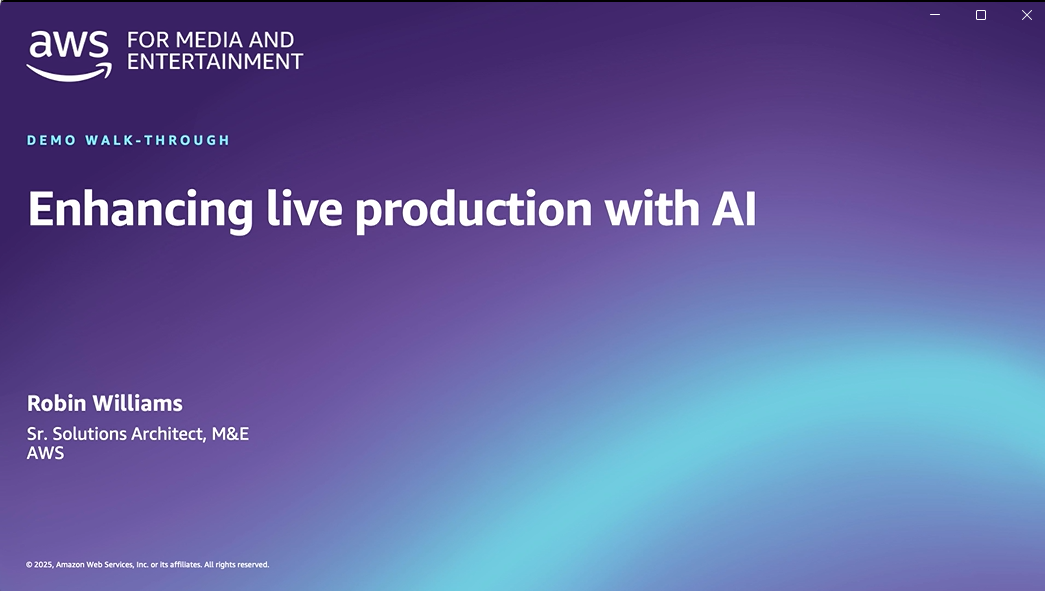 Demo walk-through presentation slide titled 'Enhancing live production with AI' for AWS Media and Entertainment, featuring Robin Williams, Sr. Solutions Architect, M&E, AWS, on a purple and blue gradient background.