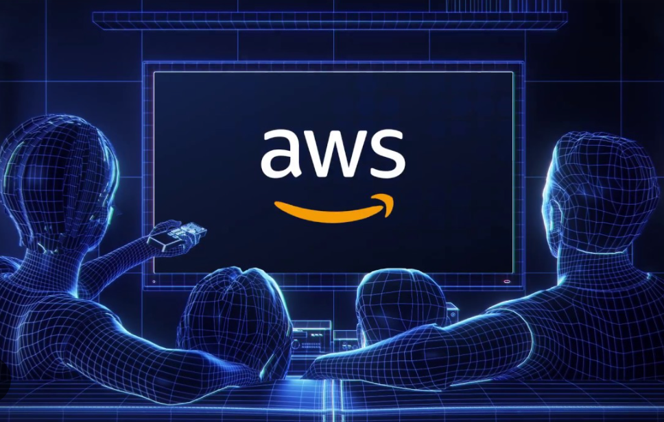 Wireframe figures of a family watching a screen displaying the AWS logo in a futuristic, digital setting.