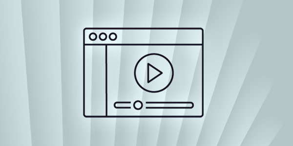 Line icon of a video player window representing Video on Demand (VOD) content on a blue abstract background.