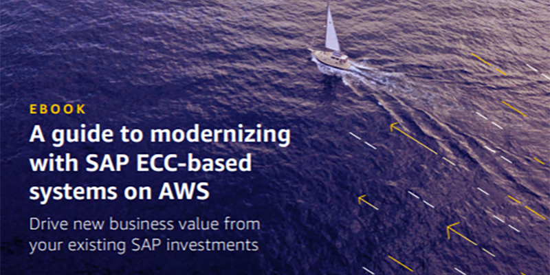 Cover image for the eBook 'A guide to modernizing with SAP ECC-based systems on AWS' featuring a boat sailing through water, with the text: 'Drive new business value from your existing SAP investments.'