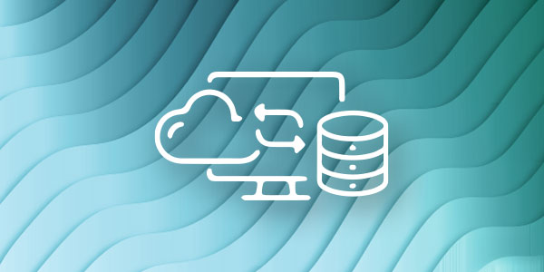 An illustration showing a cloud, arrows, and a database representing data transfer, depicted in white iconography on a blue-green abstract wavy background.