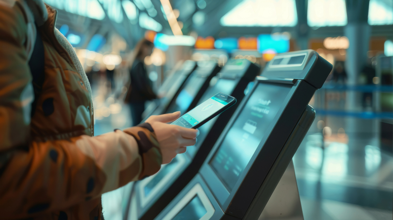 A person using a mobile phone to interact with a self-service kiosk for data transfer at an airport, illustrating modern, contactless, and efficient travel technology solutions.