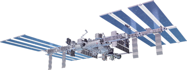 A satellite with large blue solar panels floating in space against a starry background.