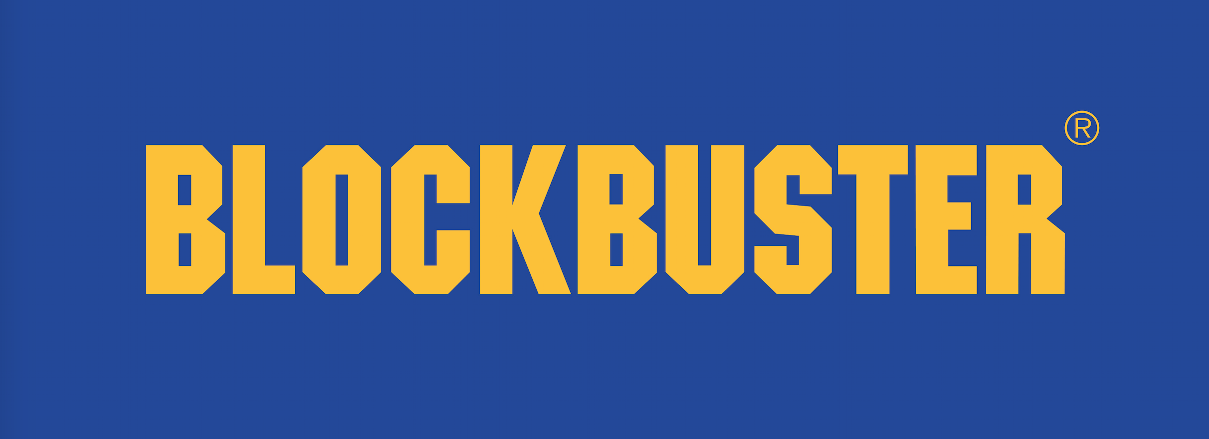 The image shows the word 'BLOCKBUSTER' in bold, yellow, uppercase letters on a blue background, styled in the classic Blockbuster logo format.
