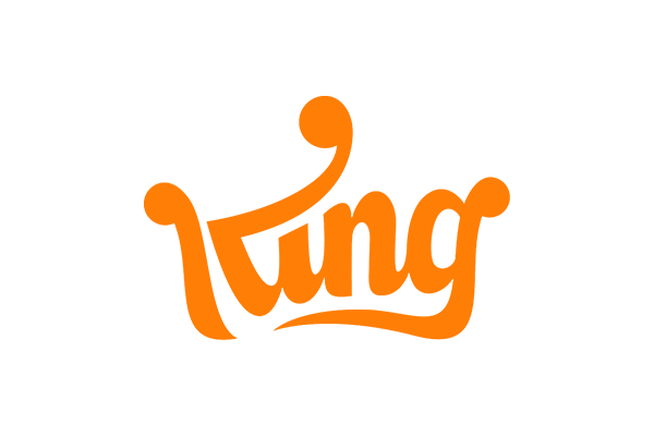 The image displays the word 'King' in an orange, stylized font. The design forms the shape of a crown above the text, representing the brand's logo on a white background.