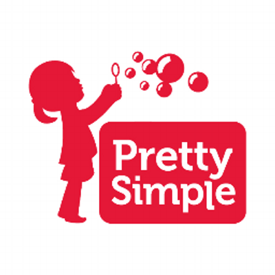Logo for Pretty Simple featuring a red silhouette of a girl blowing bubbles with the text 'Pretty Simple' in a bold red rectangle.