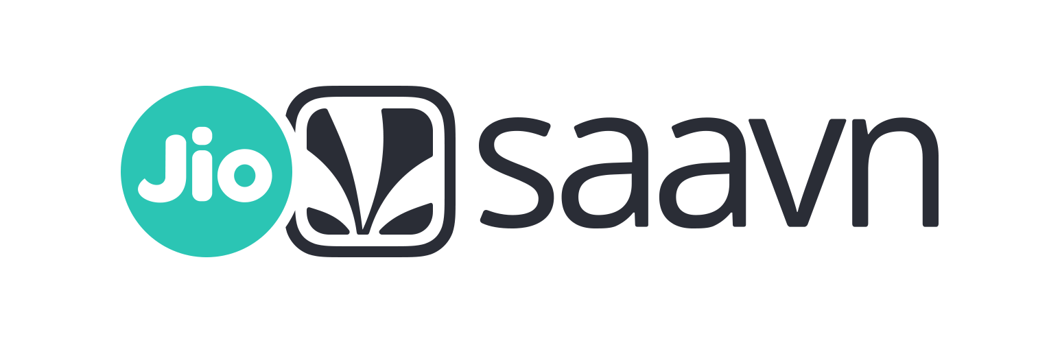 JioSaavn logo featuring a turquoise circle with 'Jio' and a black 'saavn' wordmark with stylized leaf design.