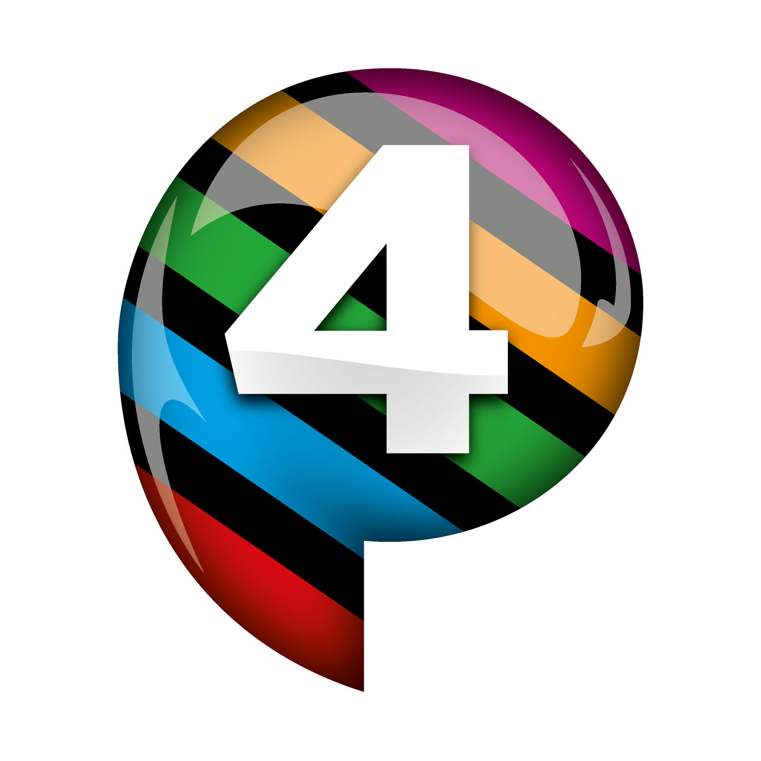 A large white number 4 centered in a glossy, speech-bubble shape with diagonal colorful stripes including red, blue, green, yellow, purple, and black.