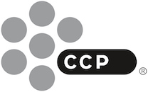 The image shows the CCP logo, consisting of six grey dots arranged in a circular cluster followed by a black rounded rectangle containing the letters 'CCP' in white text.