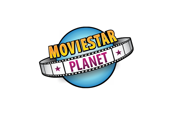 Logo for MovieStarPlanet, featuring the text 'MOVIESTAR PLANET' over a blue planet with a filmstrip design.