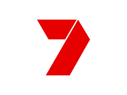 A red geometric design forming the number seven on a white background.