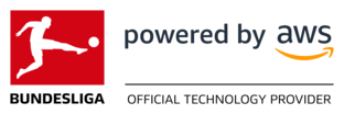 Logo showing a soccer player kicking a ball in a red square, next to the text 'powered by AWS' with the AWS smile underline. Represents the Bundesliga partnership powered by AWS.