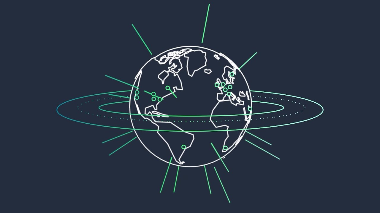 A stylized illustration of Earth with green lines and dots representing global connectivity, surrounded by circular rings and radiating lines.