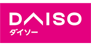 The official logo of DAISO, featuring bold white text on a pink background with Japanese characters beneath the brand name.