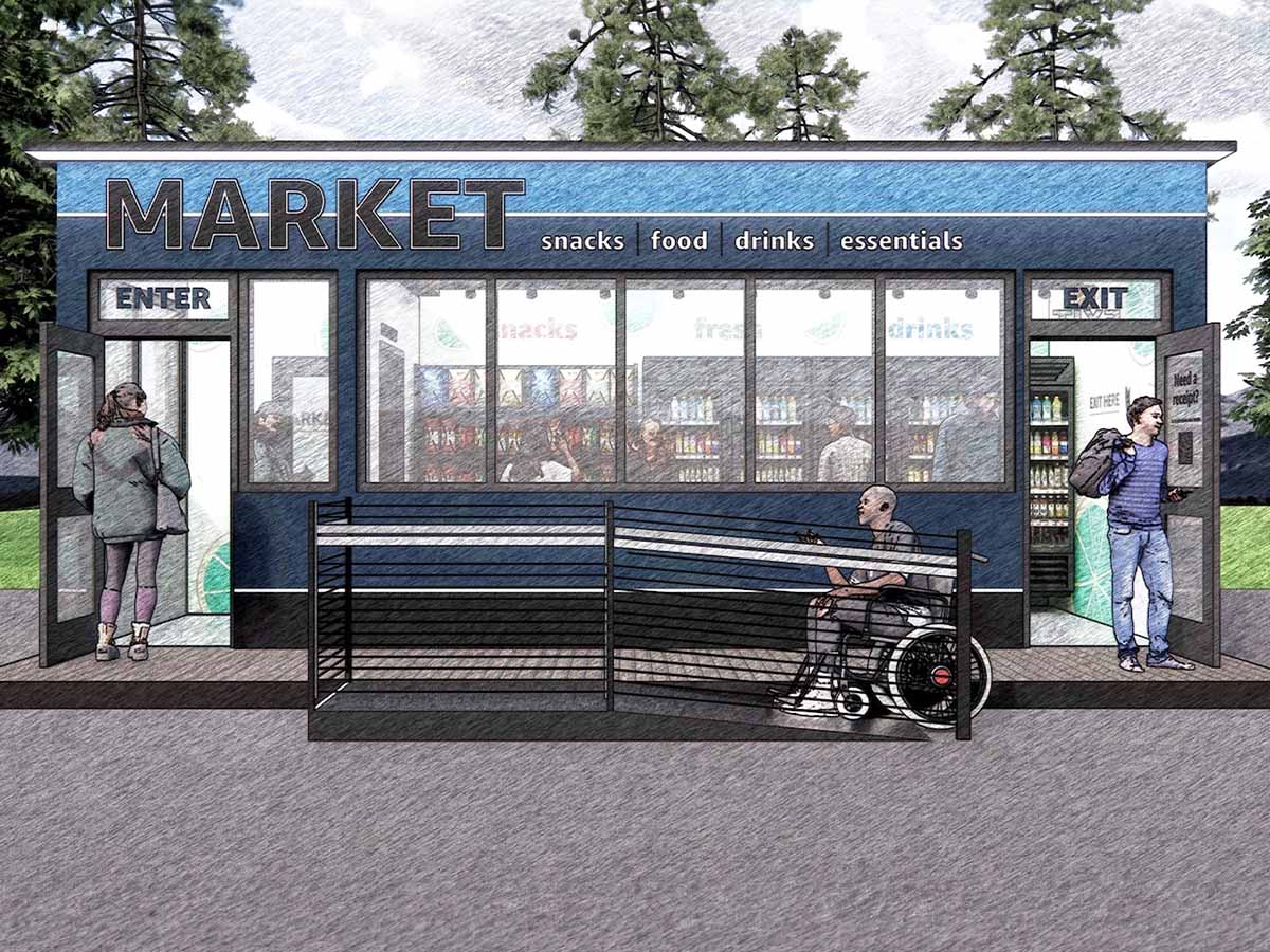 Illustration of a small format grab-and-go market store with accessible entrance, clearly marked 'Enter' and 'Exit' doors, and shelves of snacks and drinks visible through the windows. A person in a wheelchair is sitting outside the store, while other customers enter and exit.