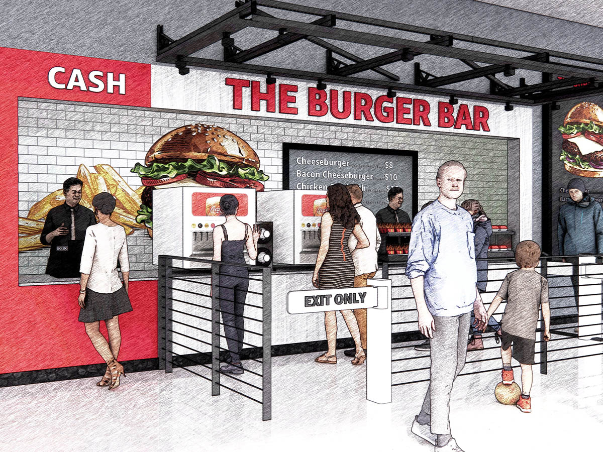Illustration of a modern burger bar cafe showcasing a 'Just Walk Out' cashierless retail experience, with people ordering food, using drink dispensers, and an exit marked 'Exit Only'. The setting emphasizes convenience technology in a quick-service restaurant environment.