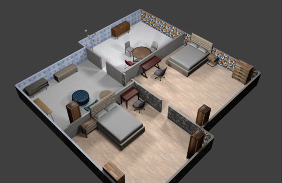 A 3D rendered layout of a house interior featuring two bedrooms, each with furniture, and a shared living area. The image displays beds, desks, seating areas, and various decorative and functional furnishings.