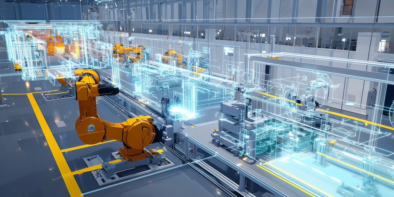 Alt-text: A futuristic factory floor with orange robotic arms surrounded by glowing blue digital schematics overlaying the machinery.