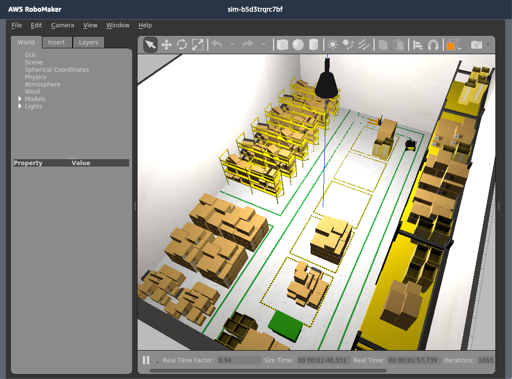 Screenshot of the AWS RoboMaker simulation environment displaying a top-down view of a virtual warehouse with shelves, packages, and navigational lines, used for robotics application testing and development.