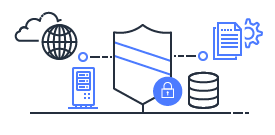 A diagram illustrating cloud security and shared responsibility, showing icons of a shield, cloud, server, database, document, and globe, connected by lines.