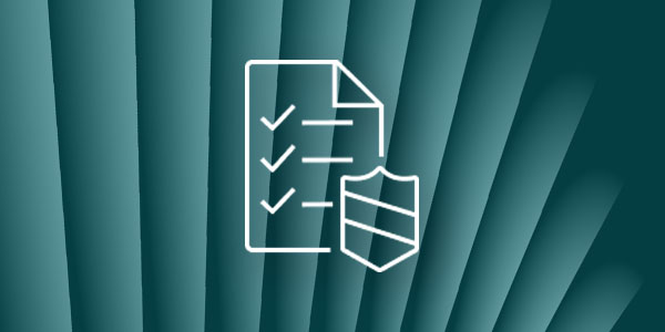 An illustration of a document with checkmarks and a shield, representing data security and compliance on a teal abstract background.