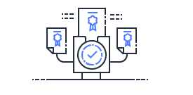 Illustration representing AWS healthcare compliance frameworks, featuring certificates and a check mark symbolizing compliance and certification.