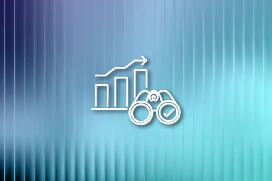 A graphic with a rising bar chart and binoculars with a check mark, symbolizing measurement and monitoring, on a blue gradient background.