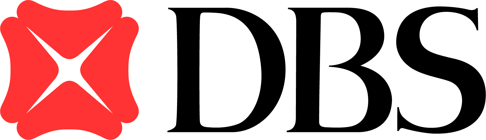 DBS logo featuring a red square with rounded edges and a white starburst design, next to the text "DBS" in black.