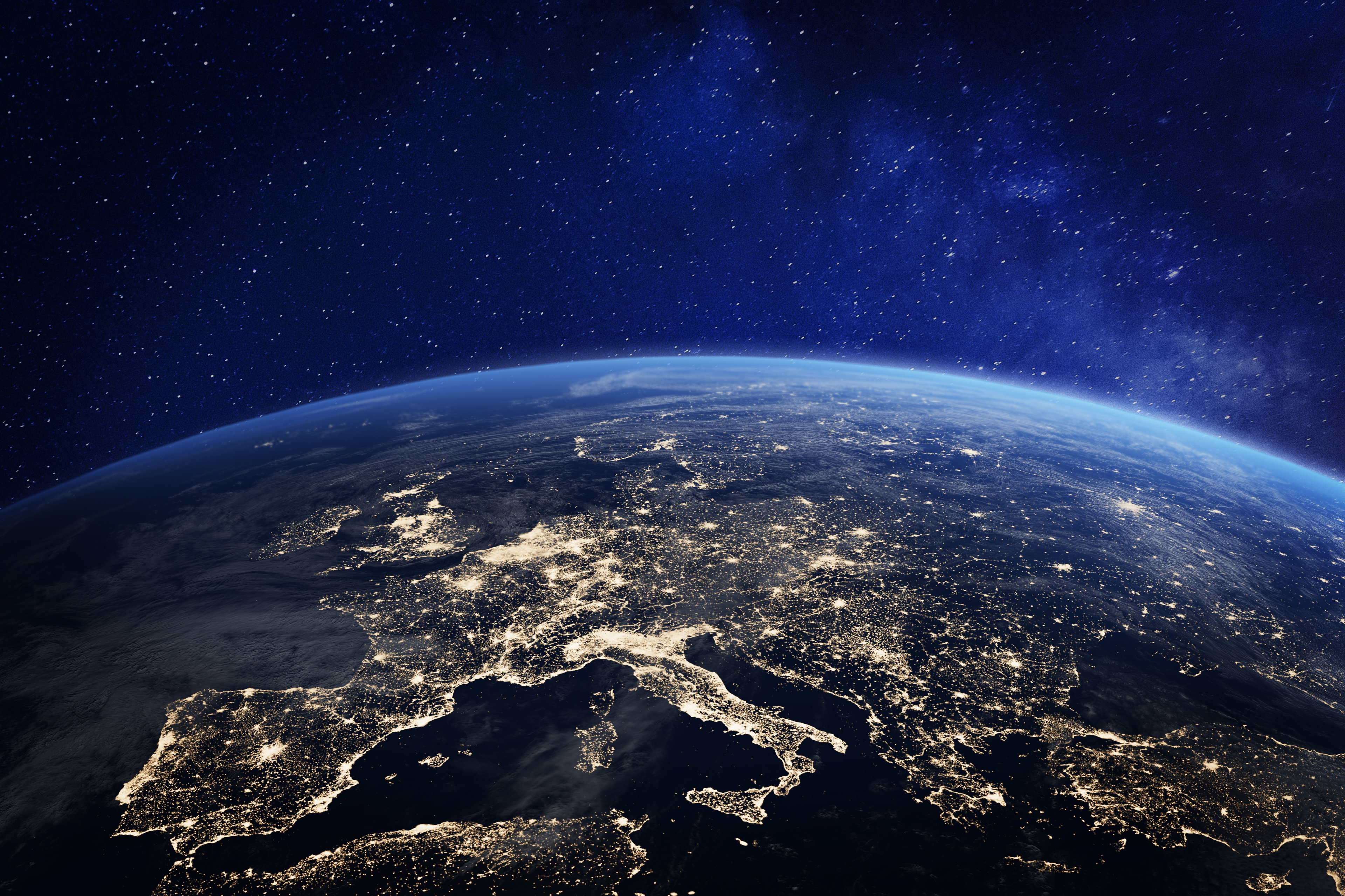 Europe at night viewed from space with city lights showing human activity in Germany, France, Spain, Italy and other countries, 3d rendering of planet Earth, elements from NASA