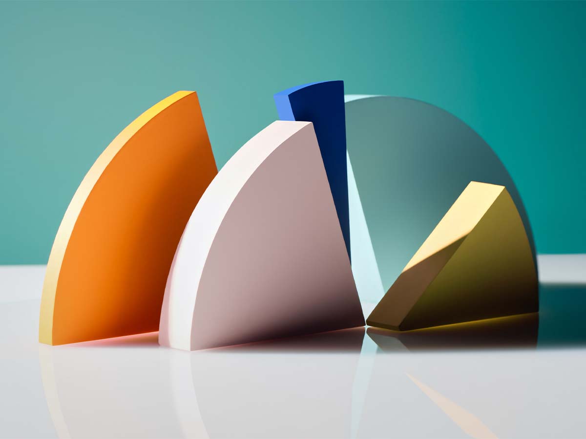 A 3D abstract illustration of a colorful pie chart with geometric shapes in orange, white, blue, and gold tones, set against a teal background.