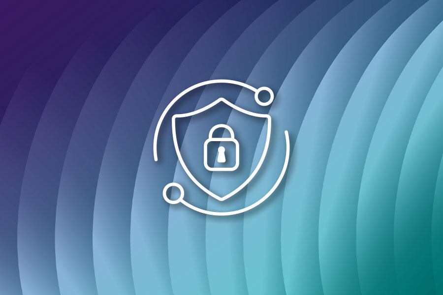 Shield and padlock icon representing security and compliance in financial services, on a blue to teal gradient abstract background.