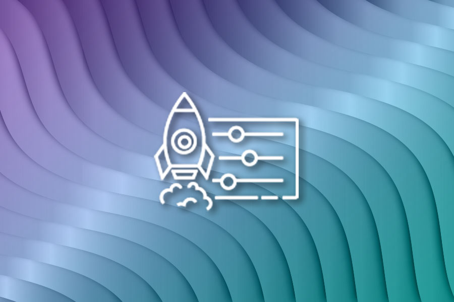 A graphic featuring a white rocket launch icon and controls sliders, set against a purple and teal abstract wavy background. Represents deployment, configuration, or automation themes.