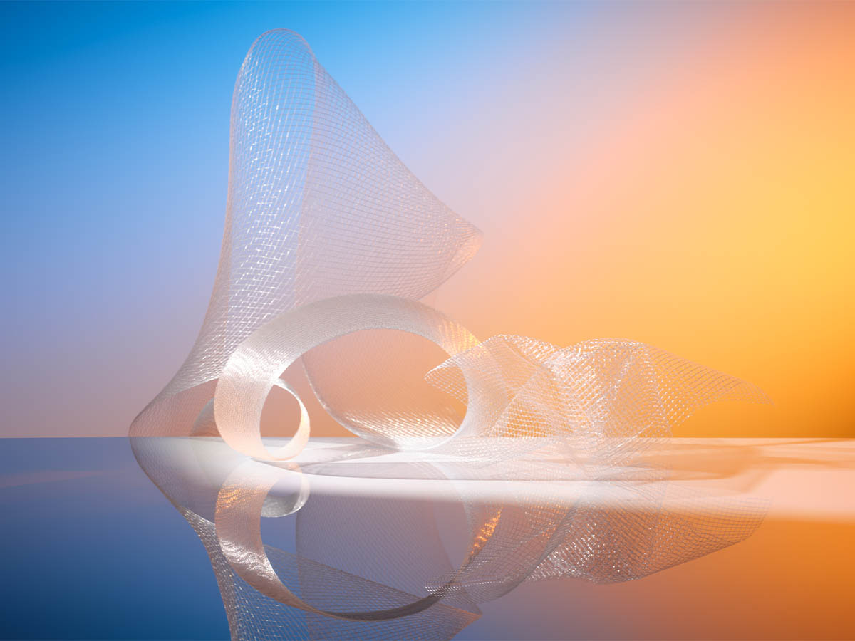 An abstract 3D wireframe sculpture with swirling forms, displayed on a reflective surface. The background fades from blue on the left to orange on the right, evoking a modern, high-tech, and telecommunications theme.