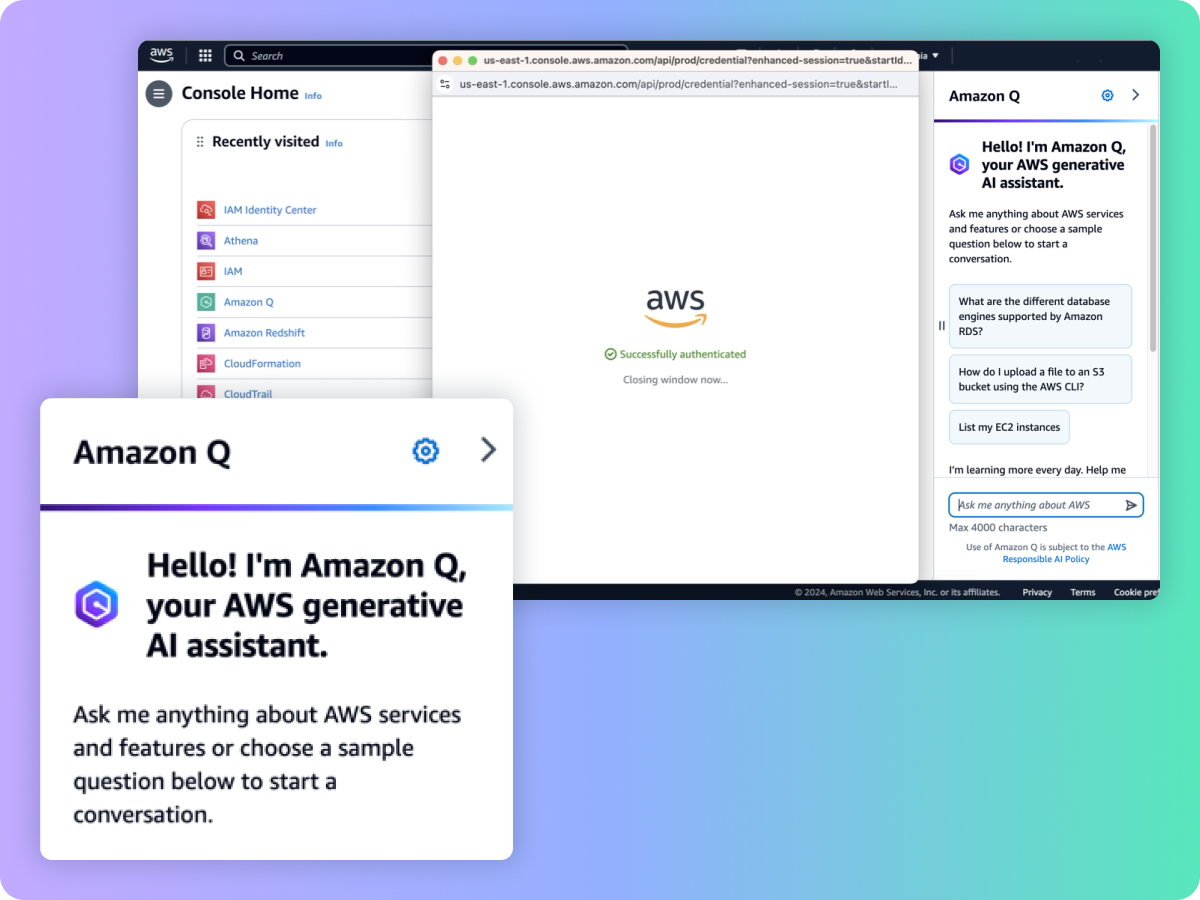 Screenshot of the AWS Management Console featuring Amazon Q, the AWS generative AI assistant, with a chat interface and prompt for users to ask questions about AWS services and features.
