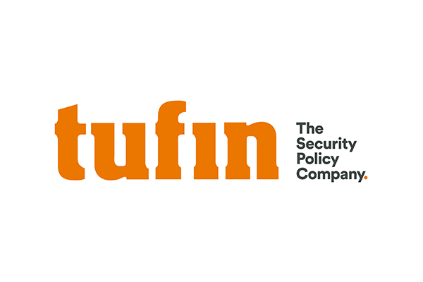 Tufin company logo with tagline 'The Security Policy Company'. The logo features the word 'tufin' in bold orange text and the tagline in black text on a white background.